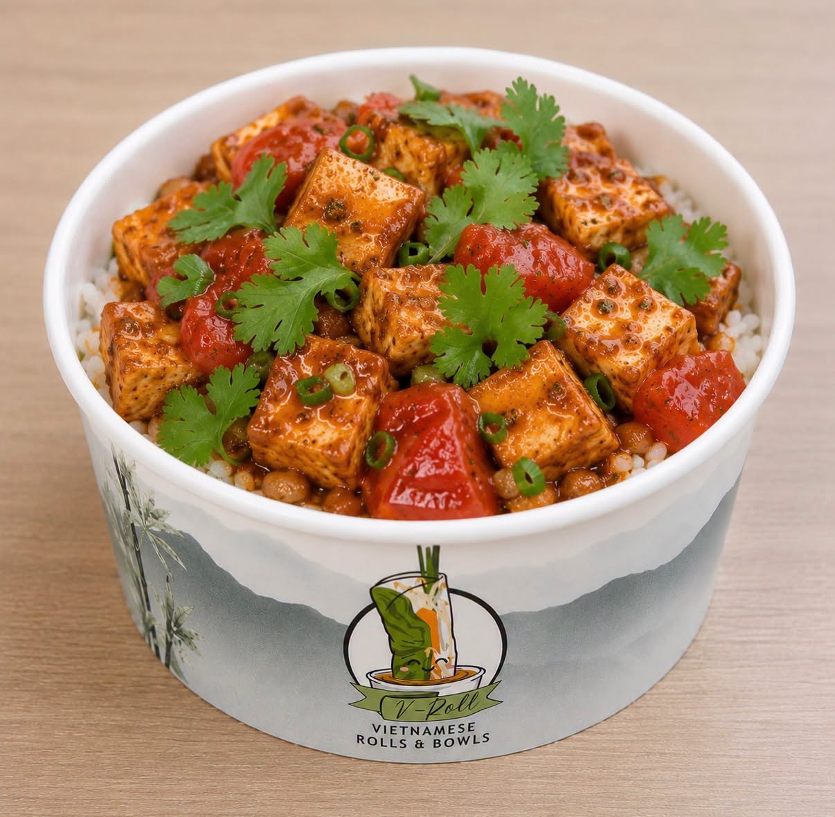 A V-Roll branded bowl of jasmine rice topped with five-spice tofu, tomato and cilantro