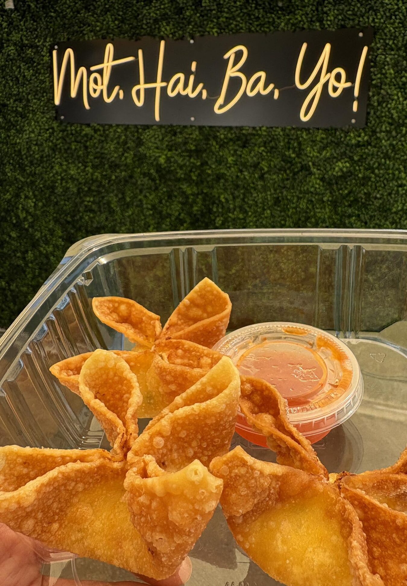 Crab cheese wontons held up under the Một, Hai, Ba, Yo! neon sign