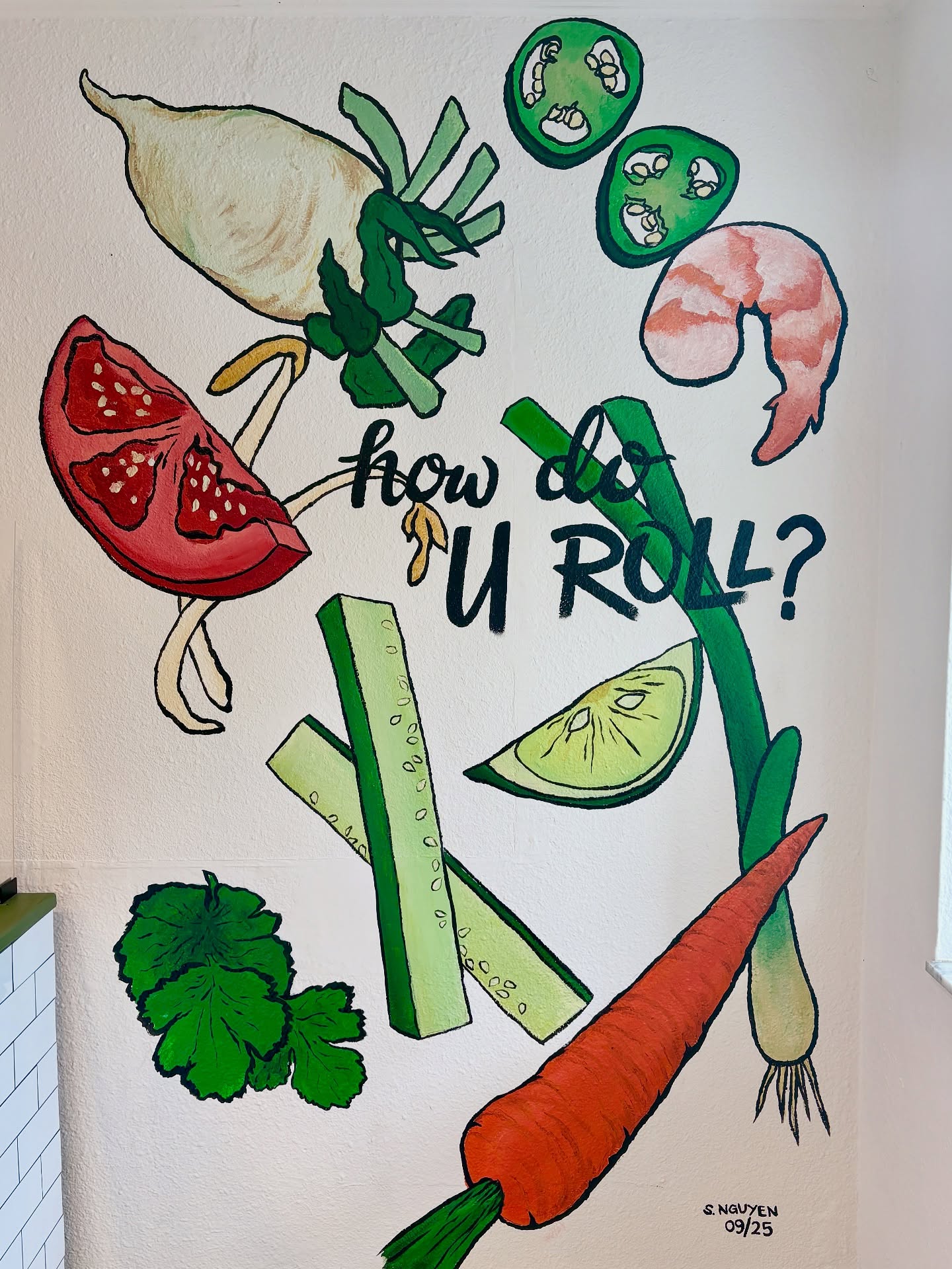 V-Roll's hand-painted 'how do U roll?' mural of herbs, shrimp, tomato, cucumber and carrot