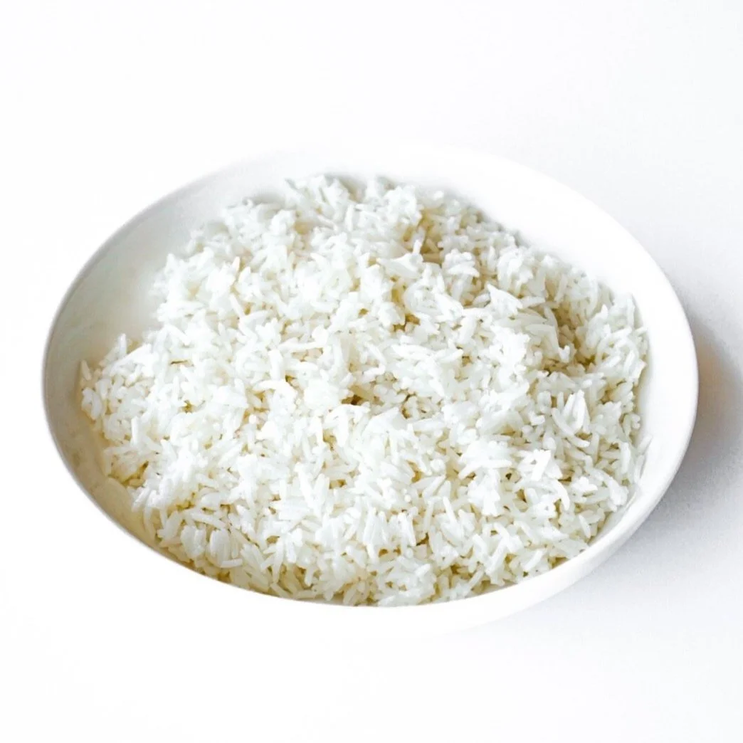 Jasmine rice, from above in a white dish