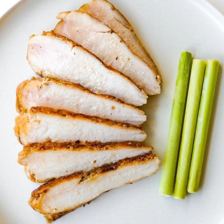 Lemongrass chicken, from above in a white dish