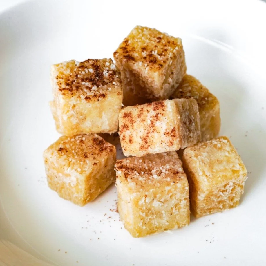 Five-spice tofu, from above in a white dish