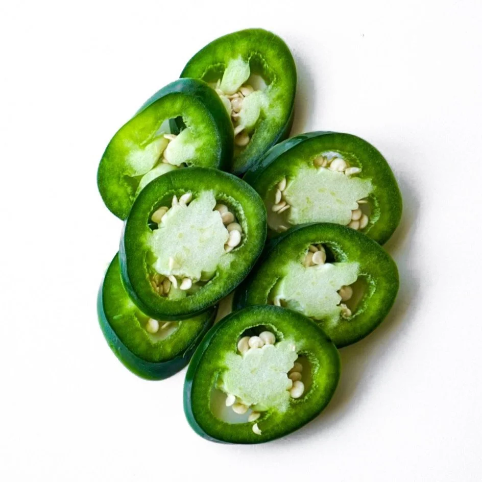 Jalapeño, from above in a white dish