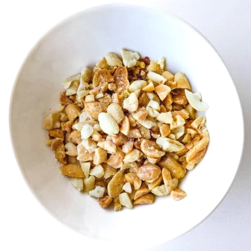 Roasted peanuts, from above in a white dish