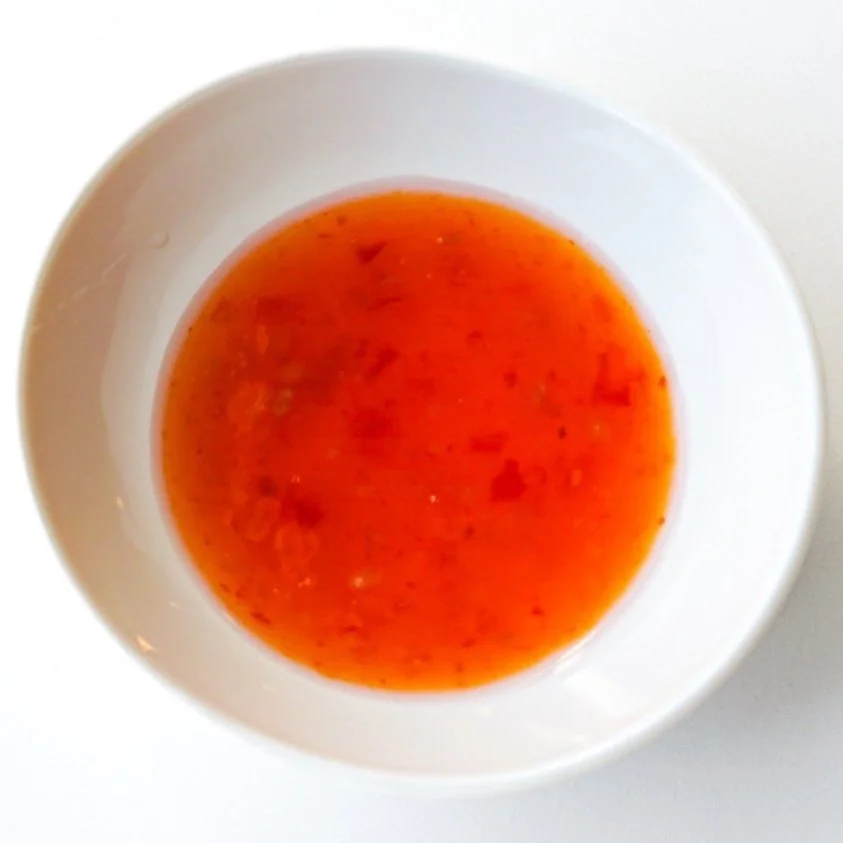 Sweet chili sauce, from above in a white dish