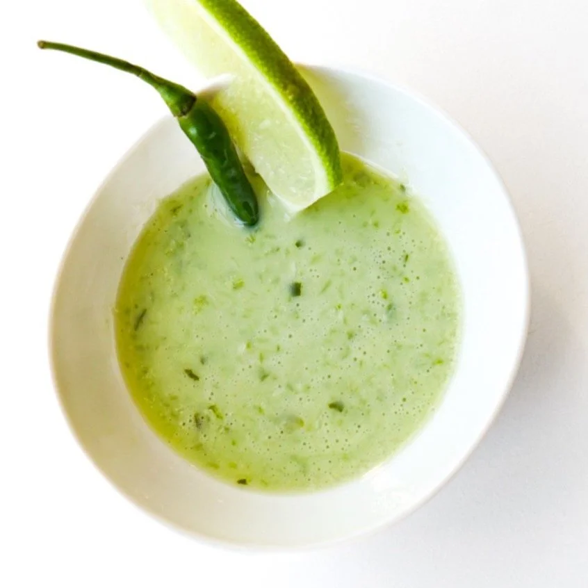 V-Bomb sauce, from above in a white dish